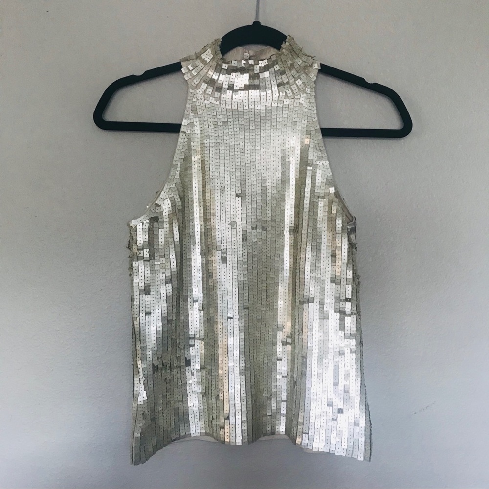 WHBM Champagne Sequin Mock Neck Tank XS
